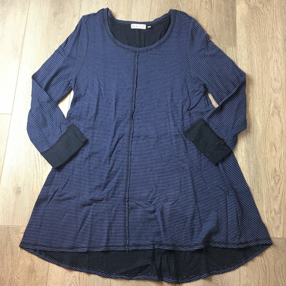 Habitat Mini Dress Tunic Striped Long Sleeves Scoop Neck Blue Black Small